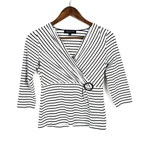 Jones New York Womens 3/4 Sleeve Striped Top Size Petite Plus Black White Career - Picture 1 of 7